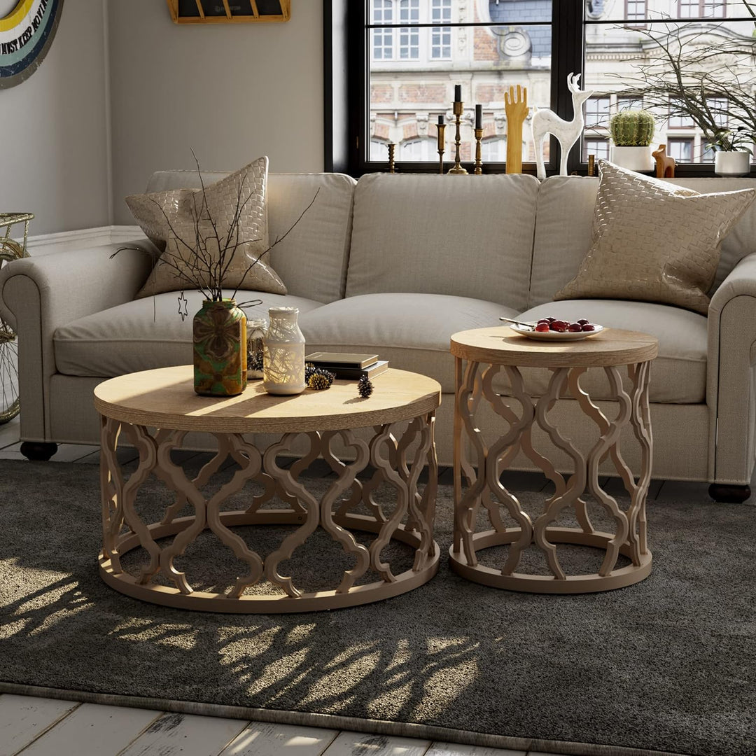 Farmhouse Coffee Table, Distressed Wood Top, Curved Motif Frame, Natural