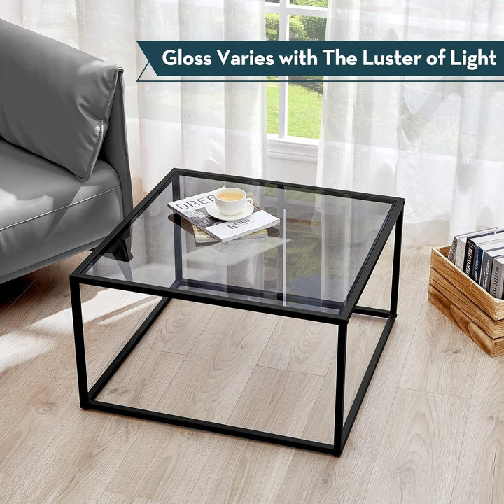 Glass Coffee Table, Small Modern Square Center Table, Gray Black