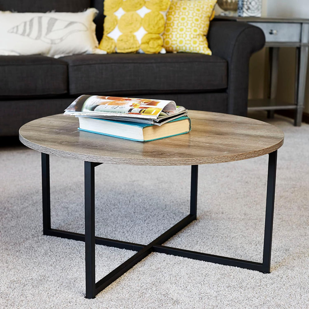 Jamestown Round Coffee Table, Rustic Wood Grain and Black Metal