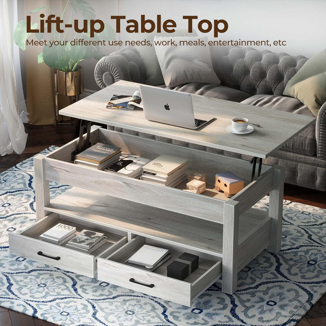 Lift Top Coffee Table with Drawers and Hidden Compartment, Grey