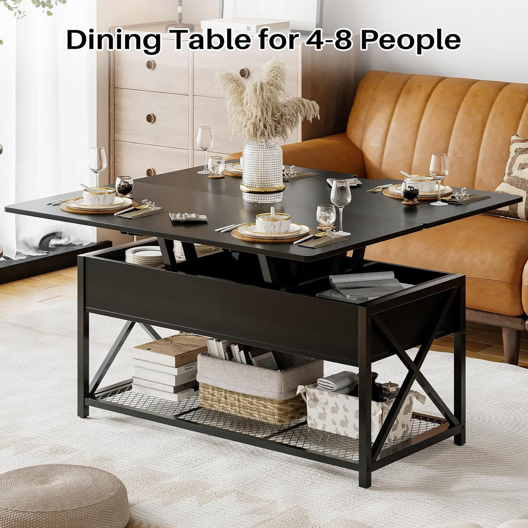 43" Lift Top Coffee Table, Charging Station, Converts to Dining, Black