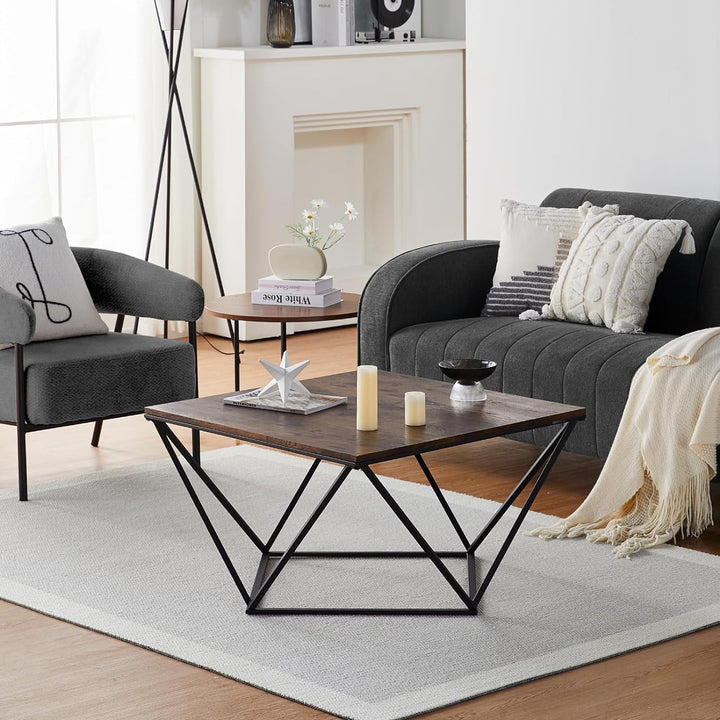 Rustic Square Coffee Table, Modern Industrial Style, Wooden Top, Metal Frame, Rustic Brown