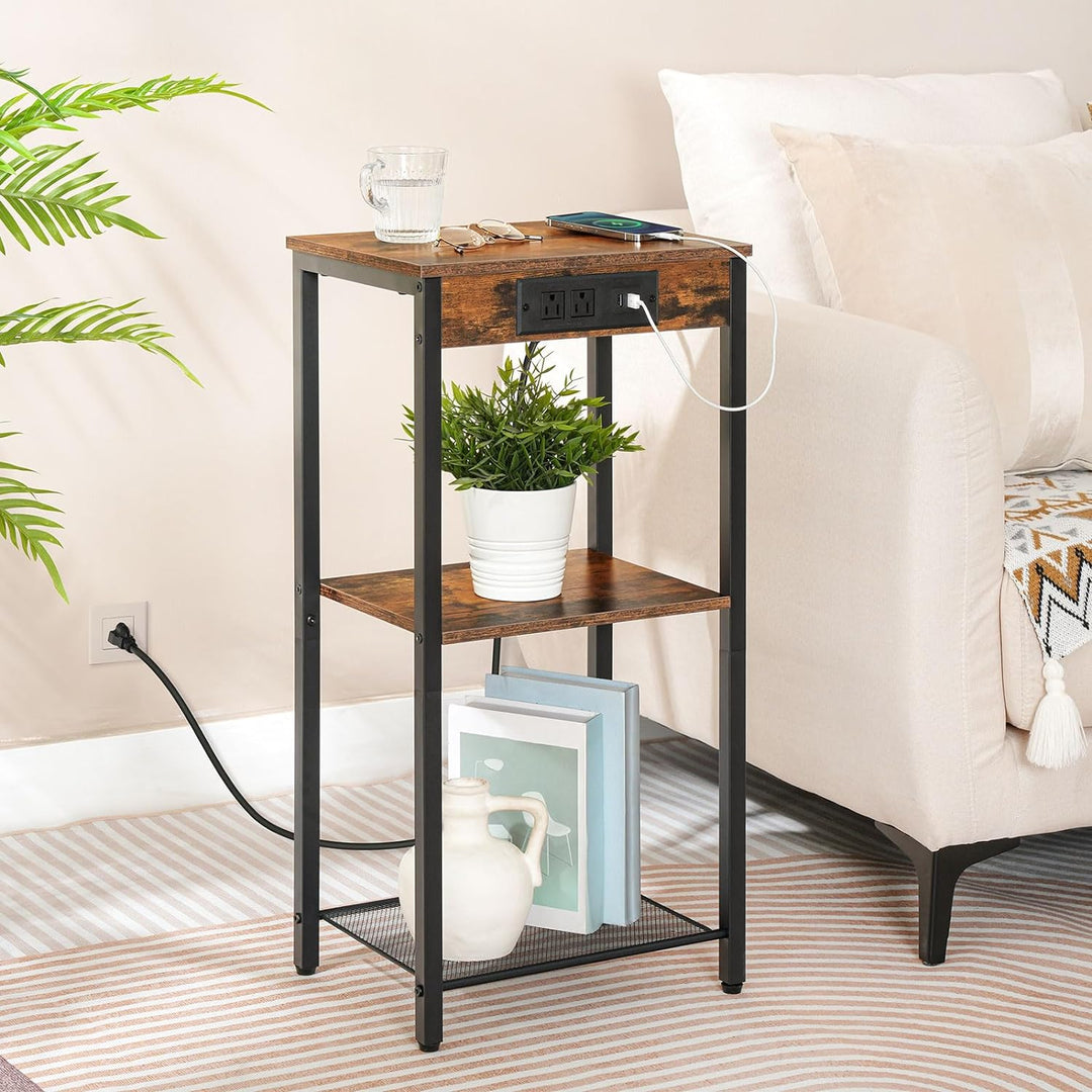 Tall End Table w/ Charging Station, 3-Tier, Rustic Brown