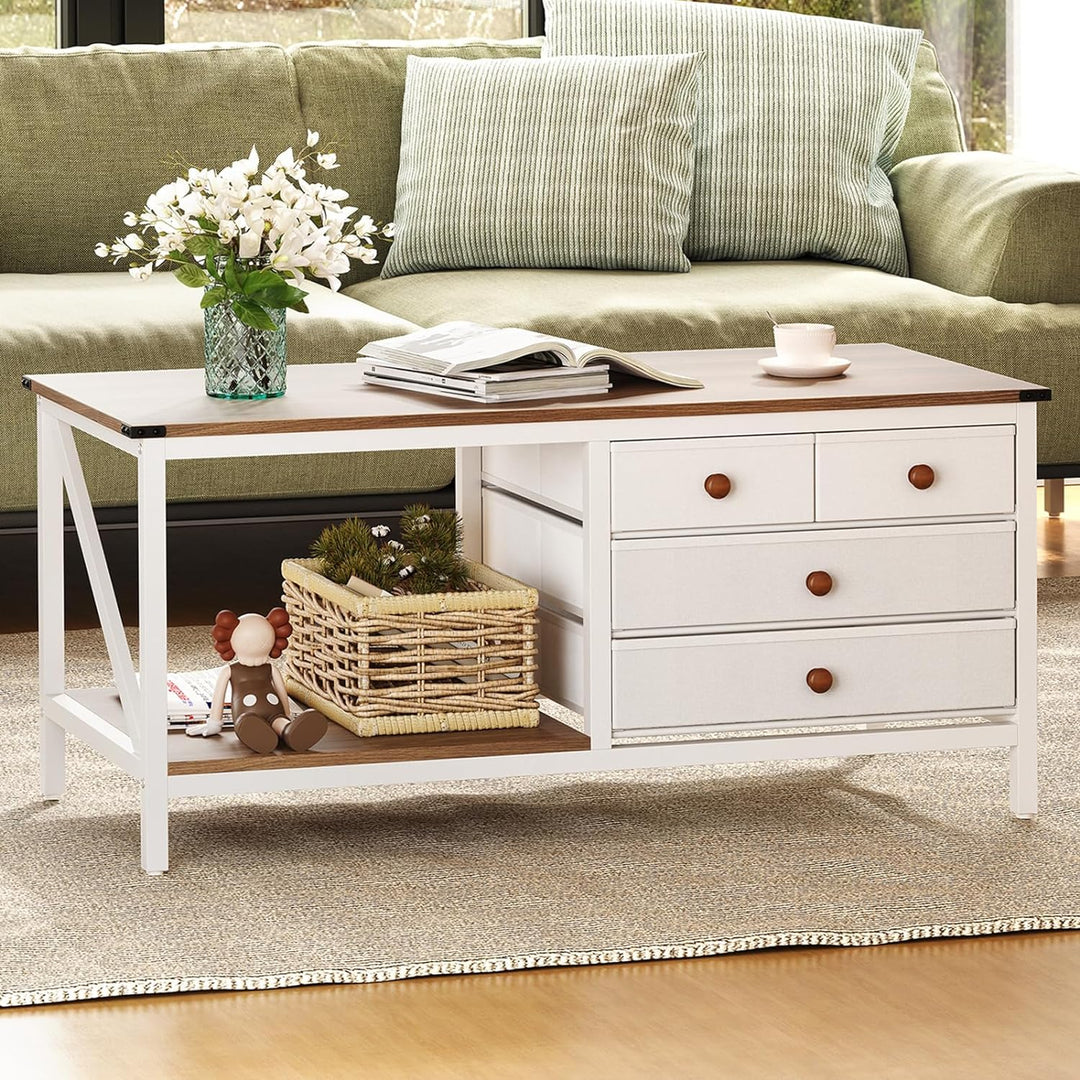 Farmhouse Coffee Table with Storage Drawers, White