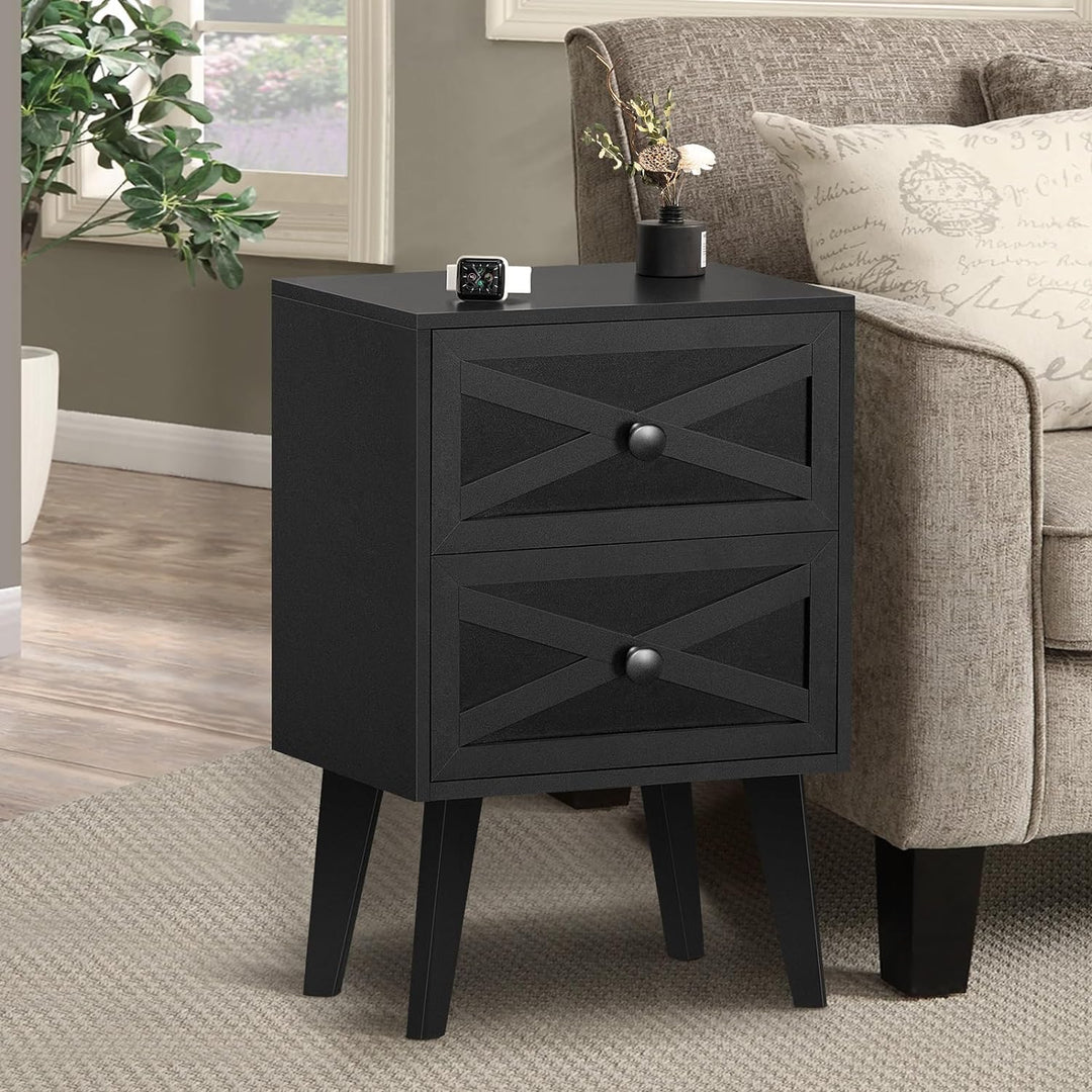 Nightstand Set of 2, Black End Table with 2 Drawers