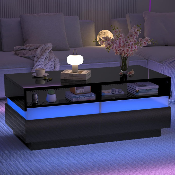 Modern High Gloss Black LED Coffee Table, 2-Tier, App Control