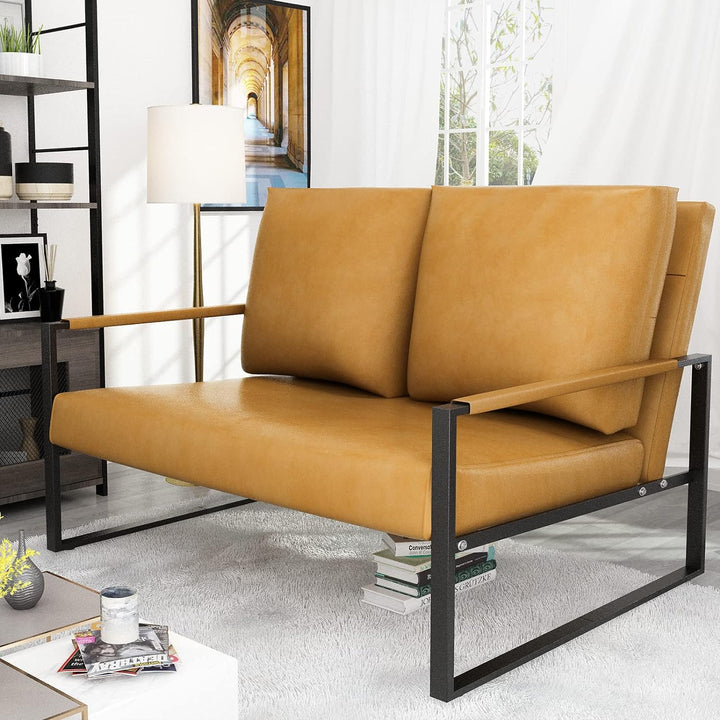 Mid-Century Modern Loveseat Sofa Faux Leather 2-Seat Couch