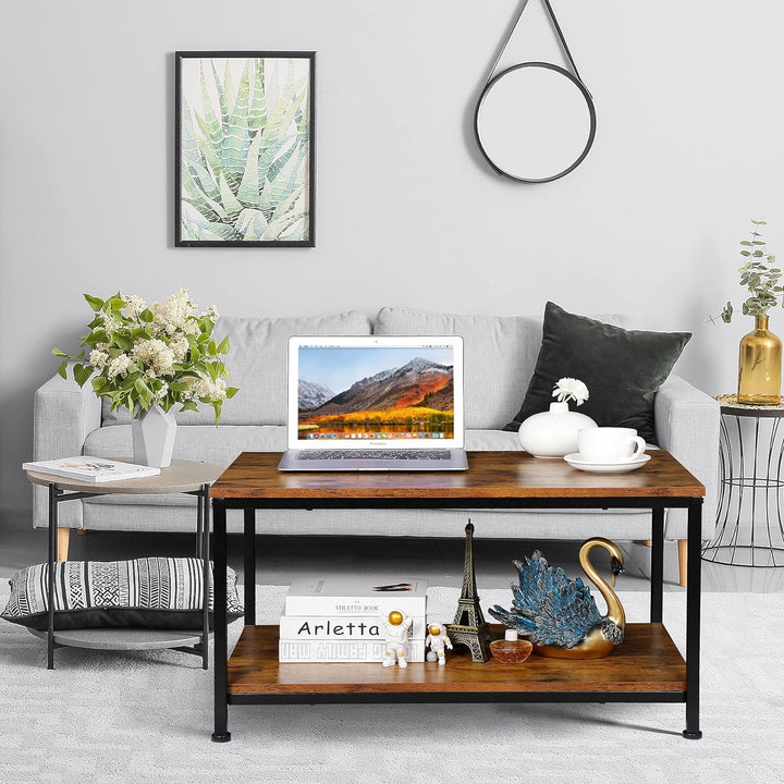 31.5in Industrial Coffee Table, Vintage Wood Look, Retro Brown