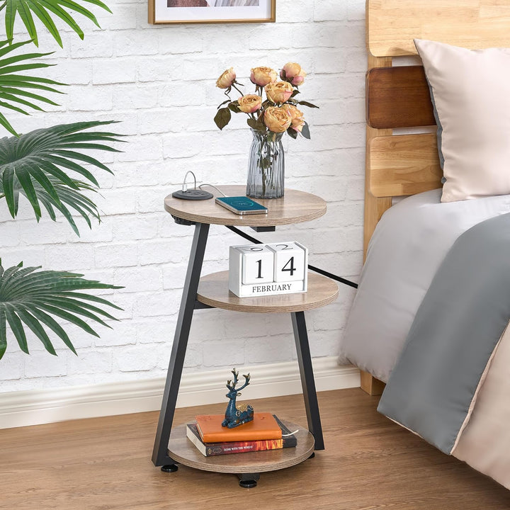 Round End Table w/ Charging Station, 3-Tier Shelves