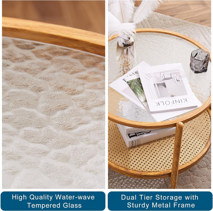 Rattan Coffee Table, Round Water-Wave Glass Metal, Waterwave-round Rattan Walnut