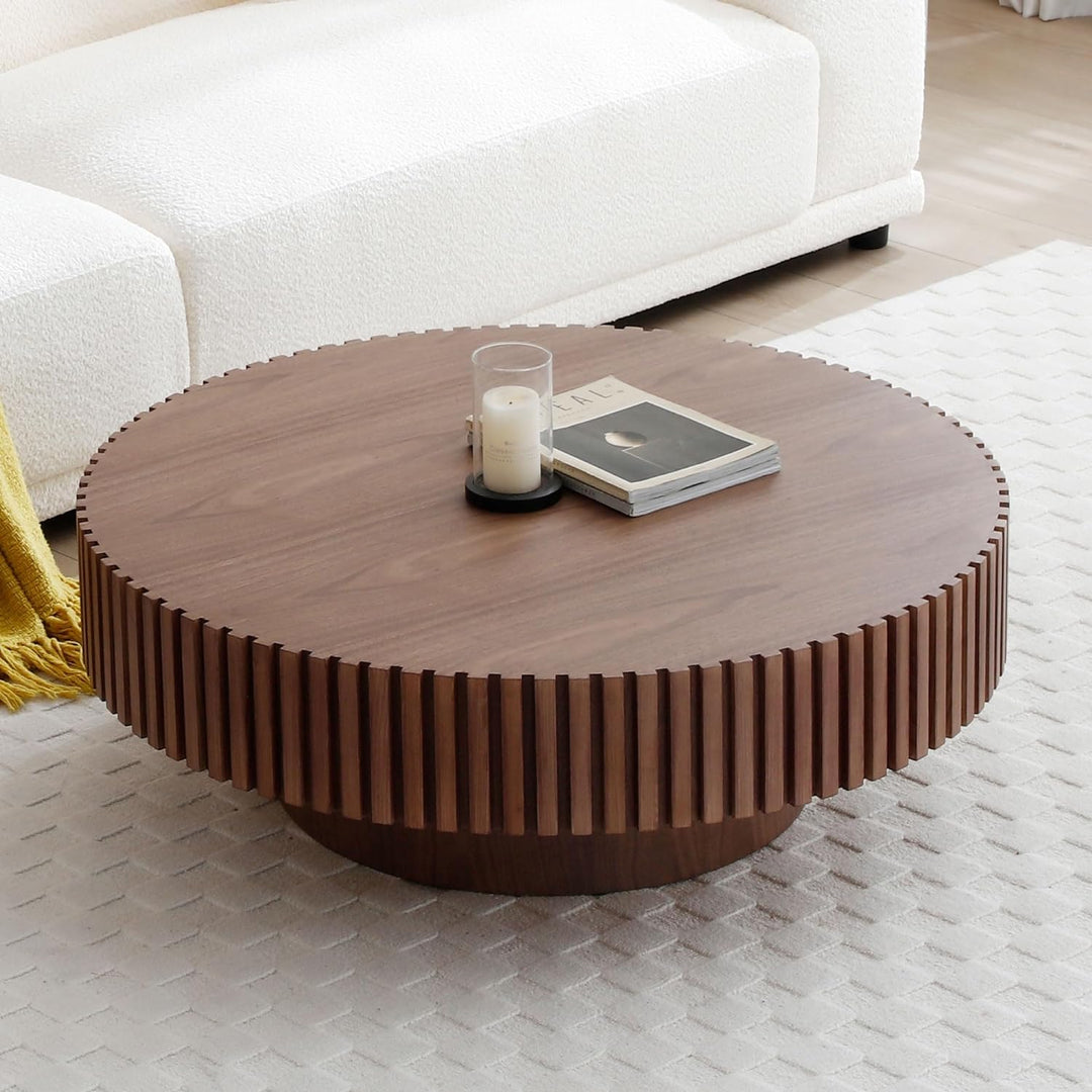 Elegant Walnut Round Coffee Table, Modern Handcrafted Drum, 31.49" Walnut