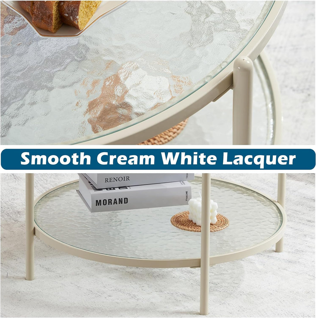 Cream White Round Coffee Table with Water-Wave Glass Circle