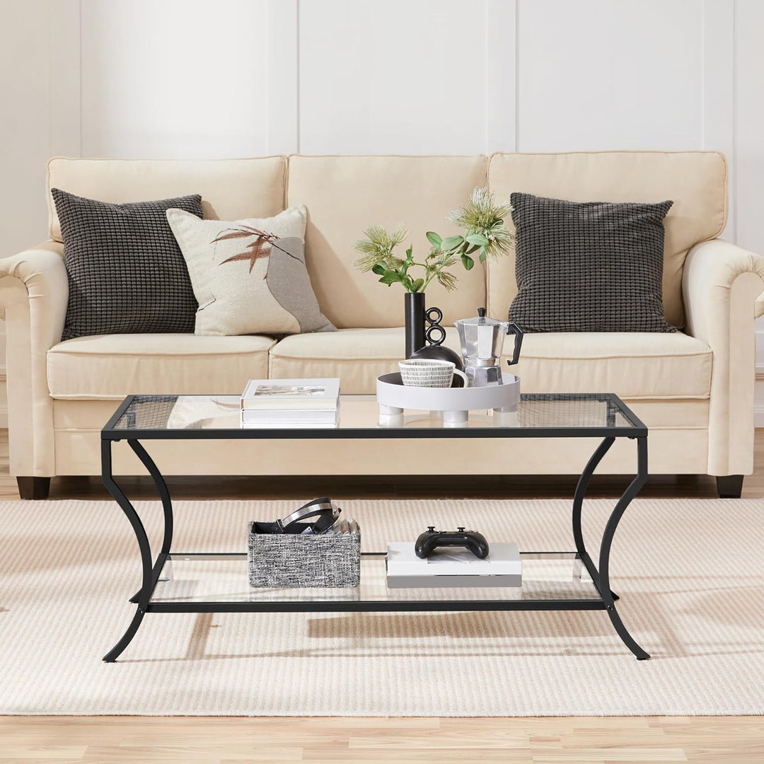 Stylish Glass Coffee Table, Modern Rectangle Design, Black