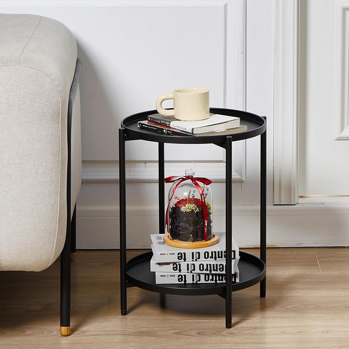 2 Tier Round Metal Side Table, Tiered End Tables