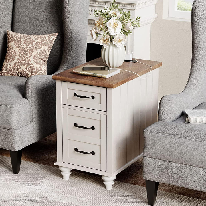 White End Table Charging Station Wood Side Sofa