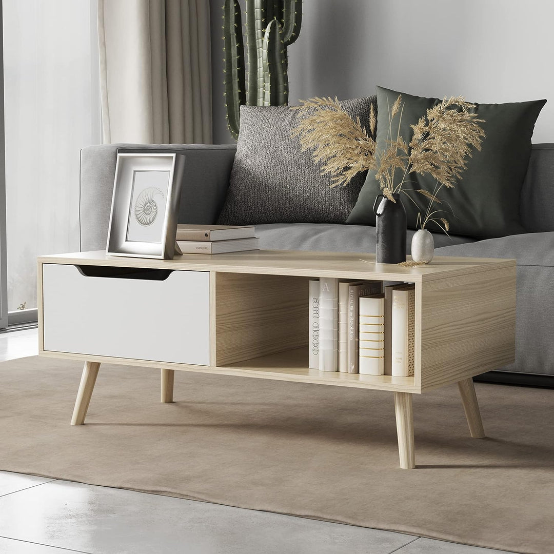 Cozy Castle Modern Wooden Coffee Table with Storage, Oak