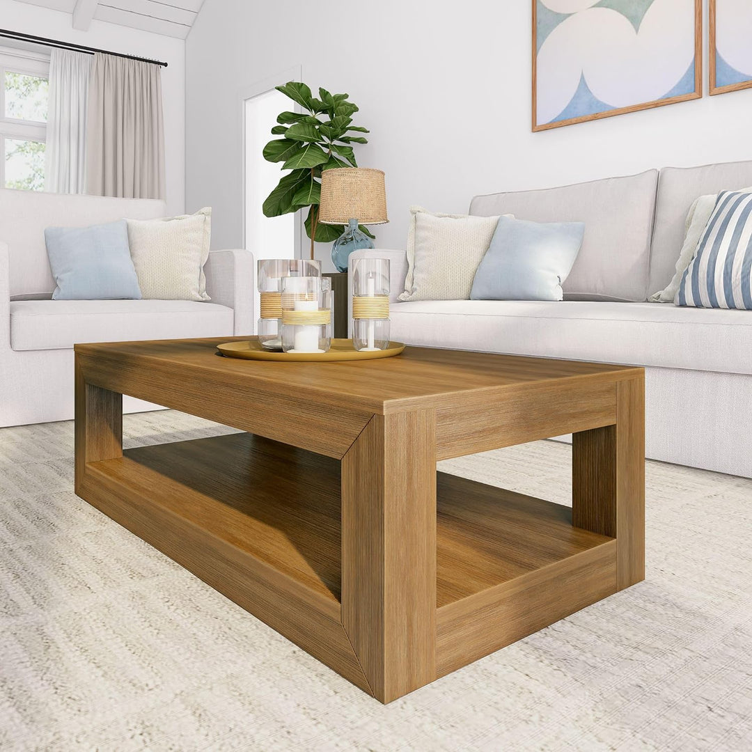 Solid Wood Modern Rectangular Coffee Table, 2-Tier, Pecan Wirebrush