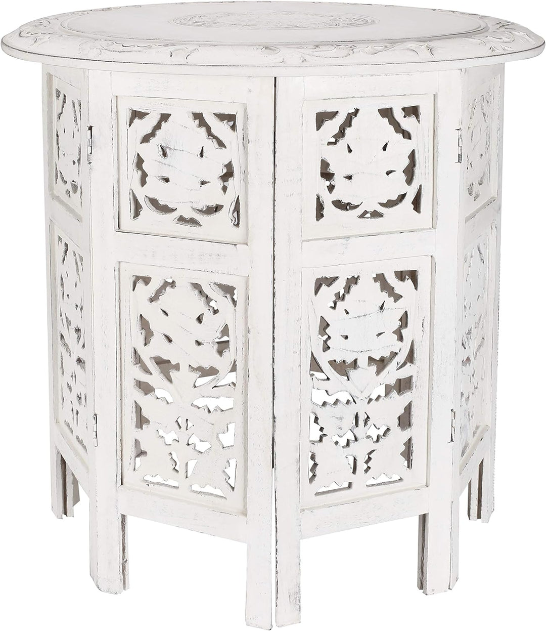 Round Side Table, Small Carved Wood Table 18" - White