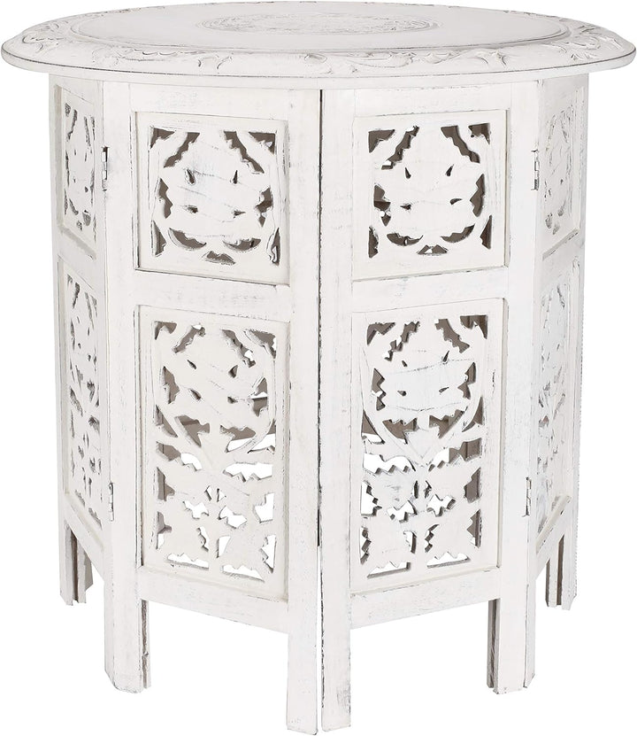 Round Side Table, Small Carved Wood Table 18" - White