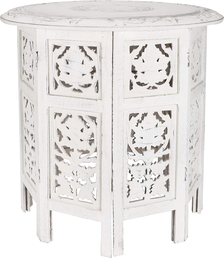 Round Side Table, Small Carved Wood Table 18" - White