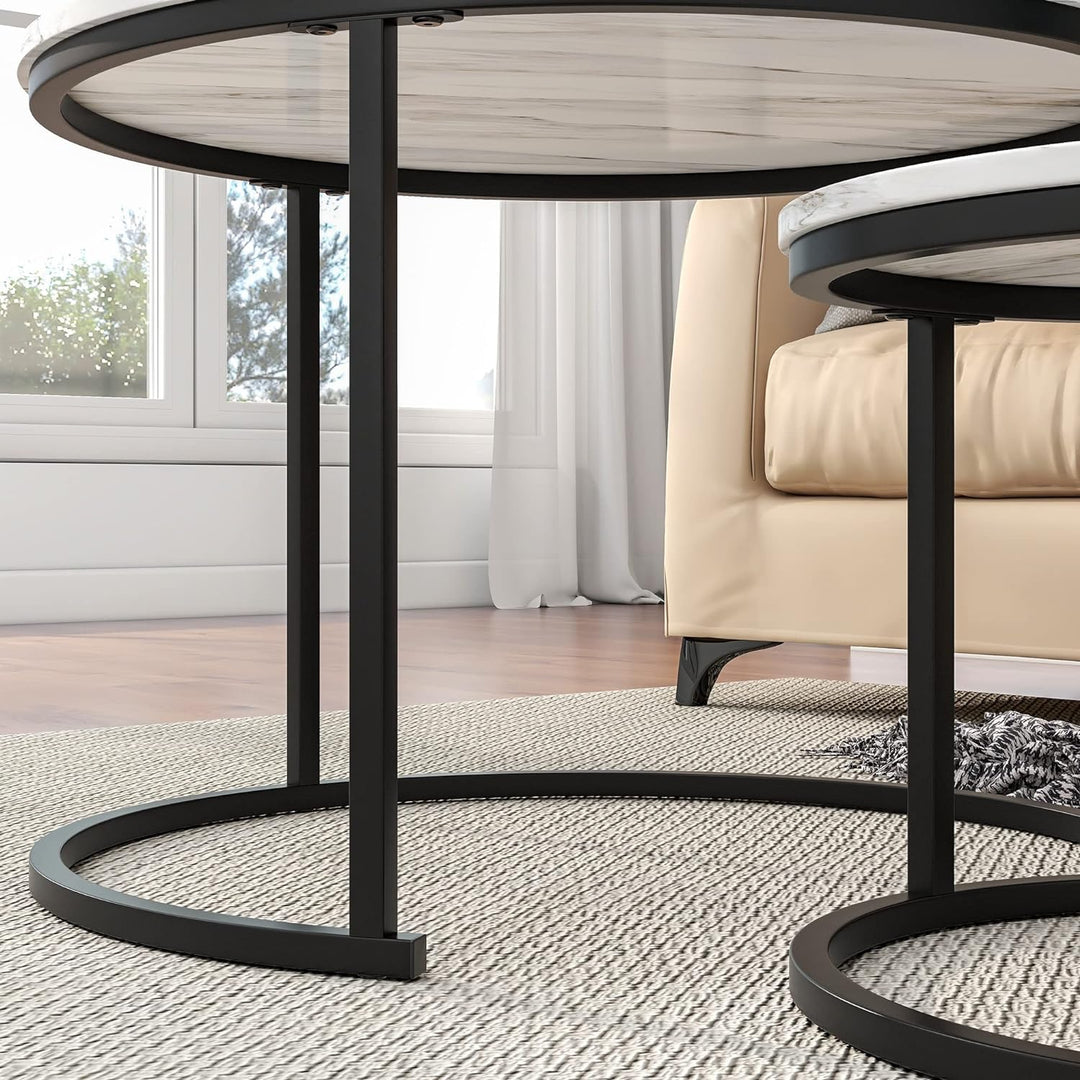 Nesting Round Coffee Table Set, Circular Marble Accent Tables, Black