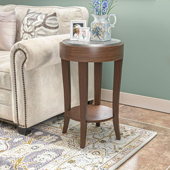 2-Tier Round End Table, Brown & Silver Accent