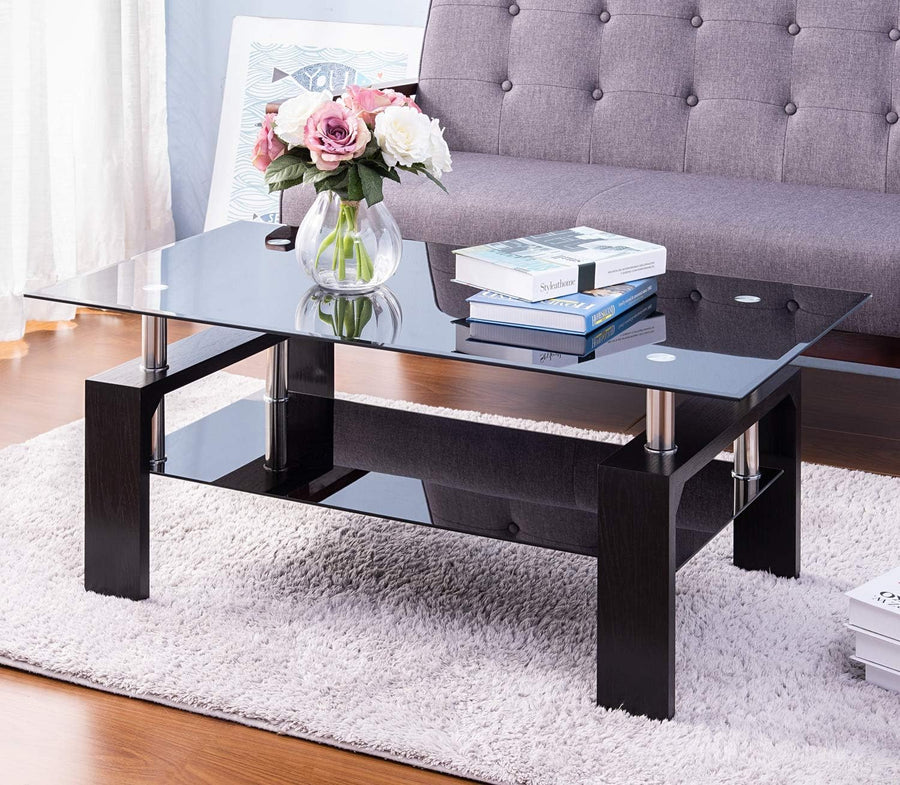 Black Glass Top Coffee Table with Black Metal Legs, Black