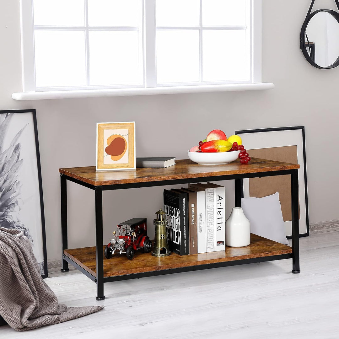 31.5in Industrial Coffee Table, Vintage Wood Look, Retro Brown