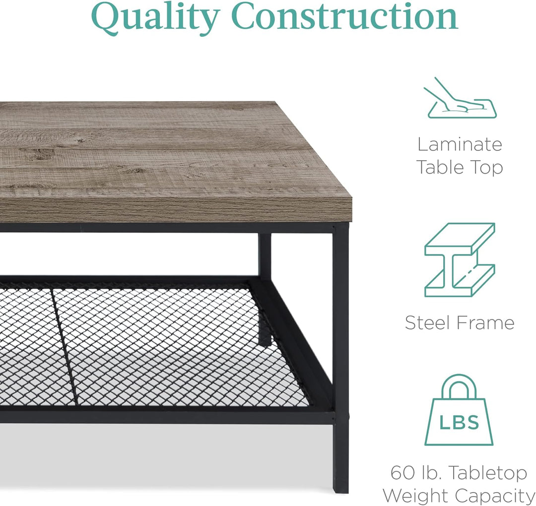 Modern 2-Tier Industrial Coffee Table, Rectangular Wood Grain Top, Gray