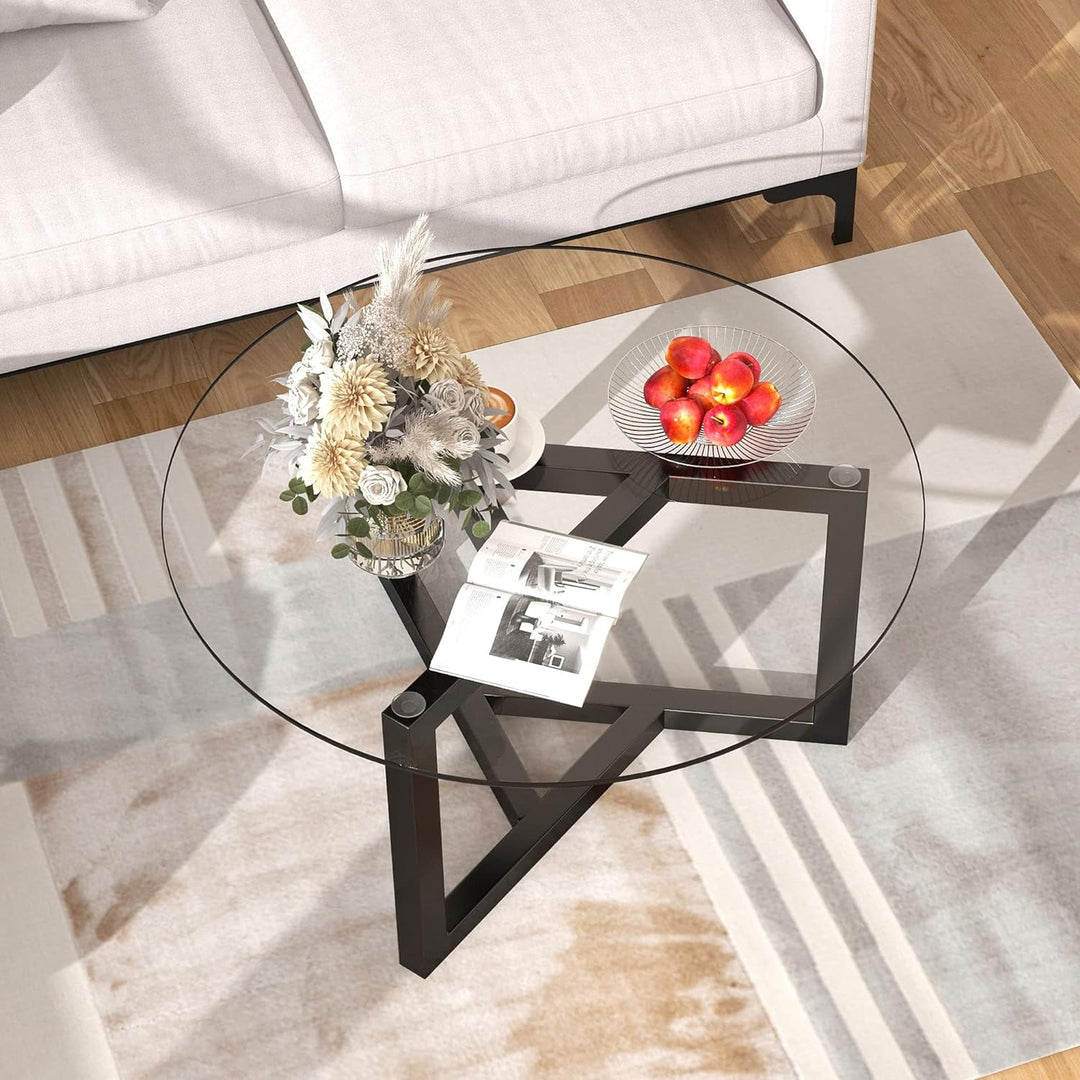 Merax Round Glass Coffee Table with Sturdy Wood Base, Espresso