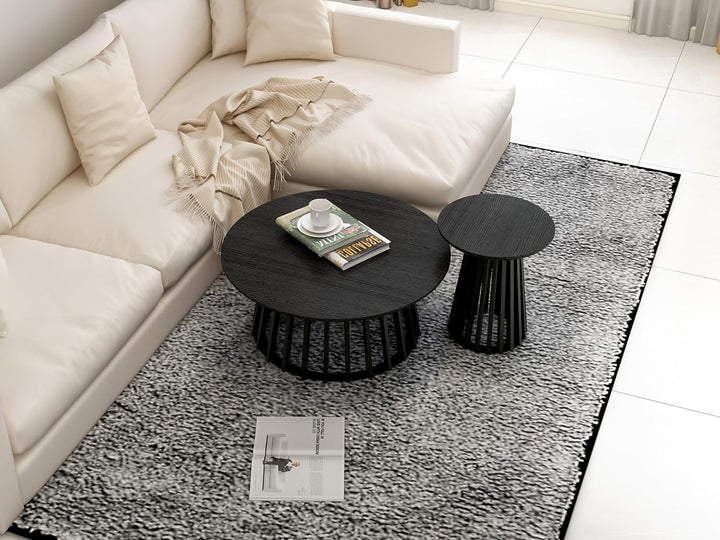 35" Black Round Coffee Table, Modern Nesting Coffee Table Set of 2, Black