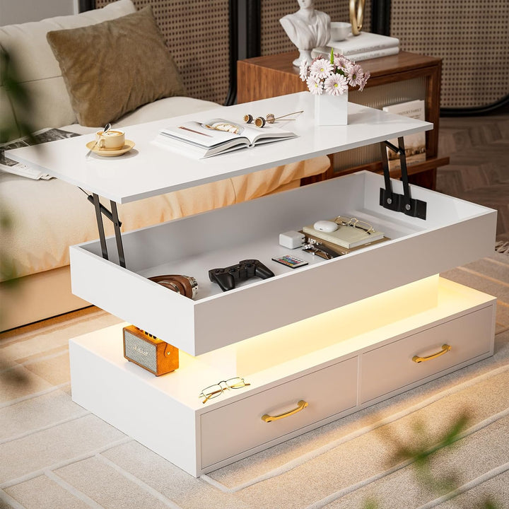 Lift Top Coffee Table with LED Lights, 2 Drawers, Hidden Compartment, White