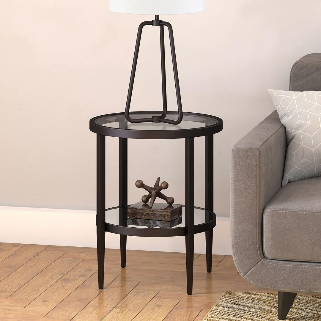 Elegant Round Side Table with Mirror Shelf, Blackened Bronze