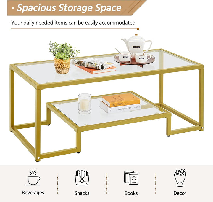 Yaheetech Gold Rectangular Glass Coffee Table for Living Room