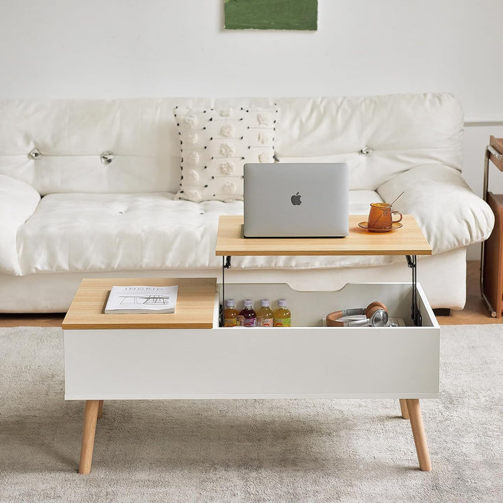 Lift Top Coffee Table, Modern Desk with Hidden Drawer, Wood, White