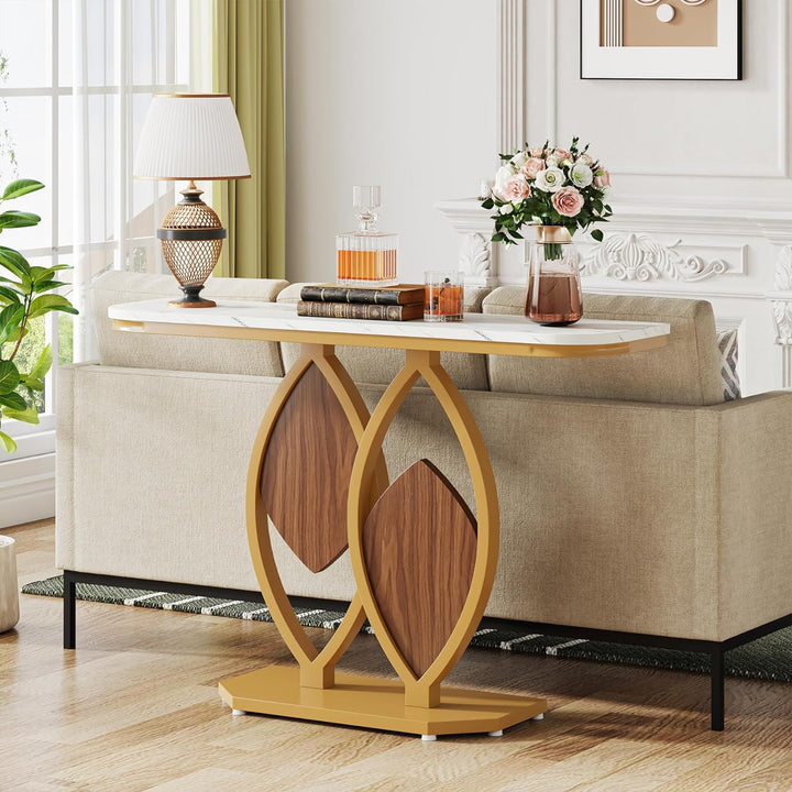 Gold Console Table, 41" Modern Entry Table with White Faux Marble Top