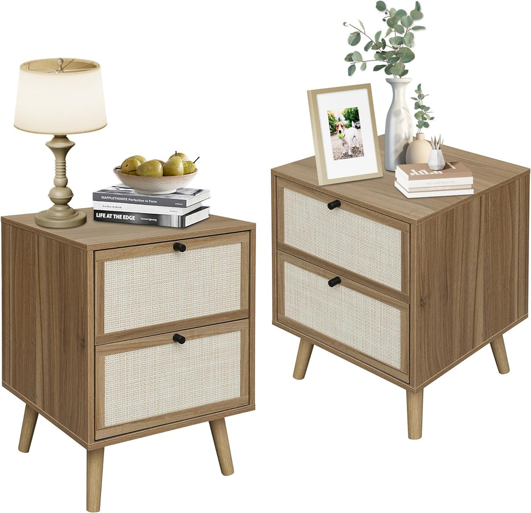 Rattan Nightstand Set of 2, 2-Drawer Wood Accent Table