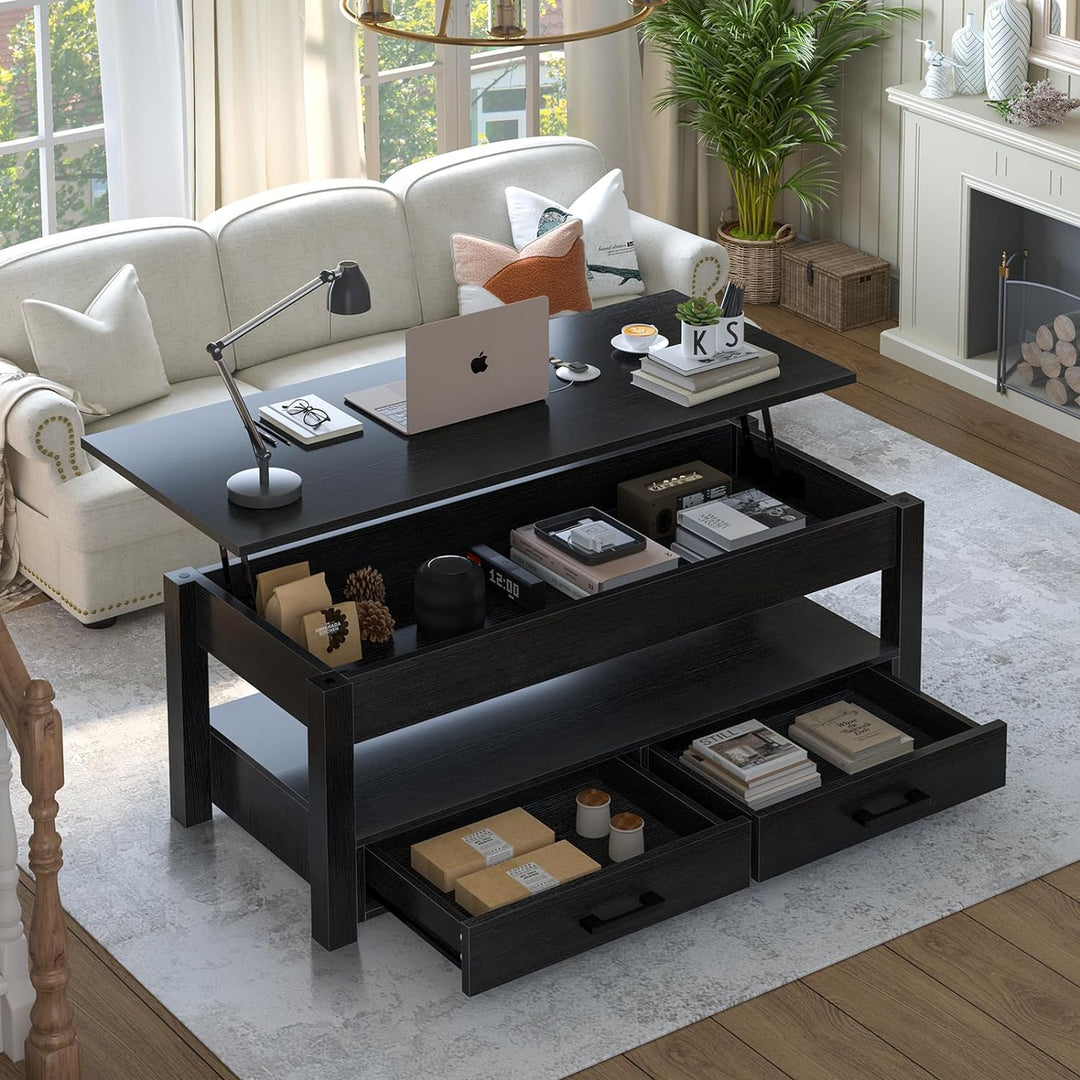 Lift Top Coffee Table with Storage, Open Shelf, Black