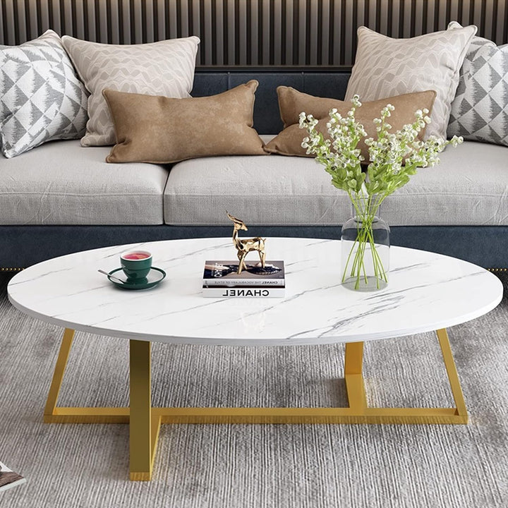 Oval Faux Marble Coffee Table, Modern Gold Elliptic Side End Table