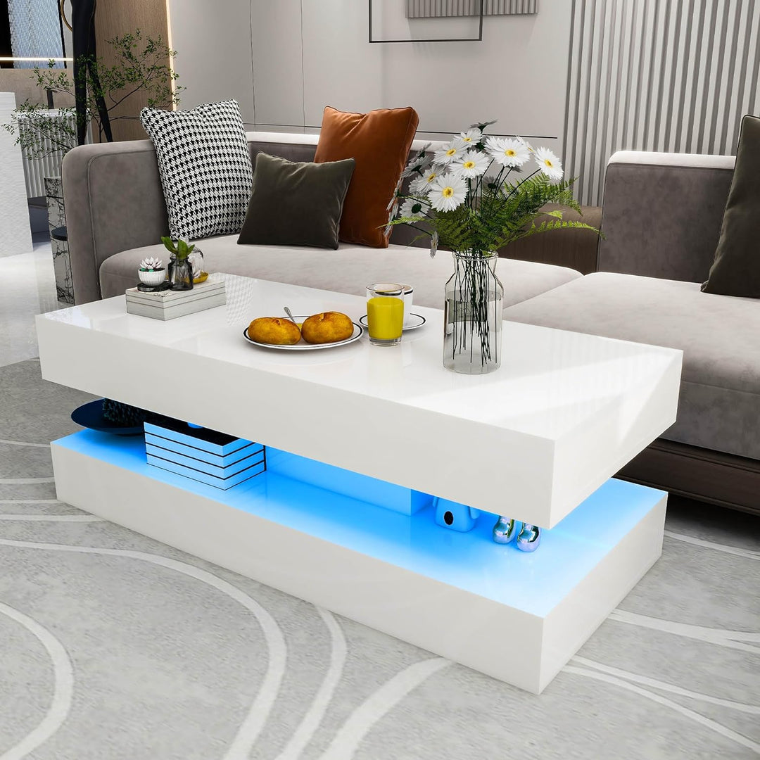 Deluxe 2-Tier LED Coffee Table, High-Gloss White, 16-Color Lights