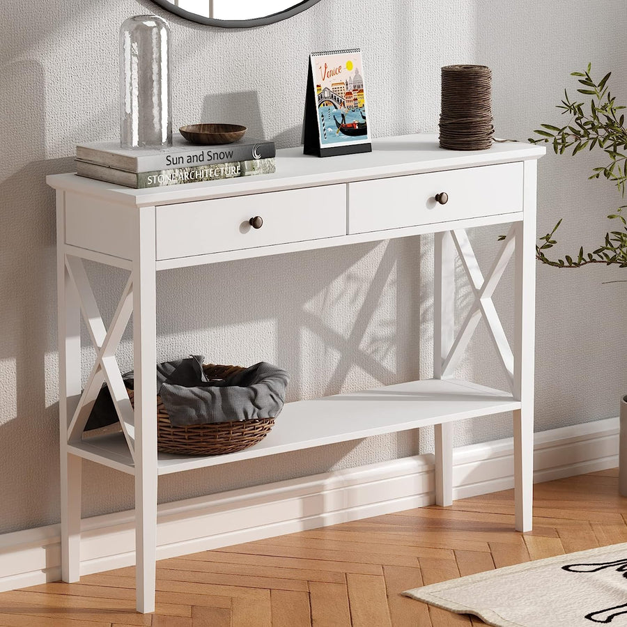 Console Table with Drawers, Narrow Wood Accent