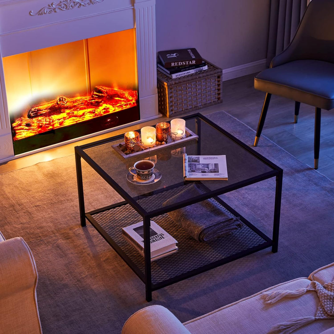 Modern Glass Coffee Table with Storage, Industrial Square Center Table