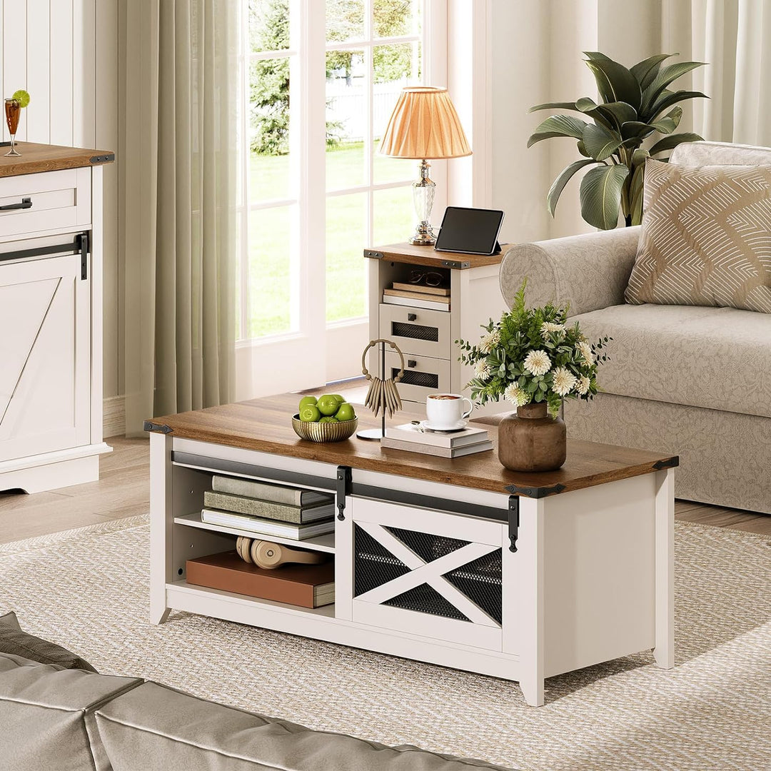 White Farmhouse Coffee Table, Rectangular with Adjustable Shelves