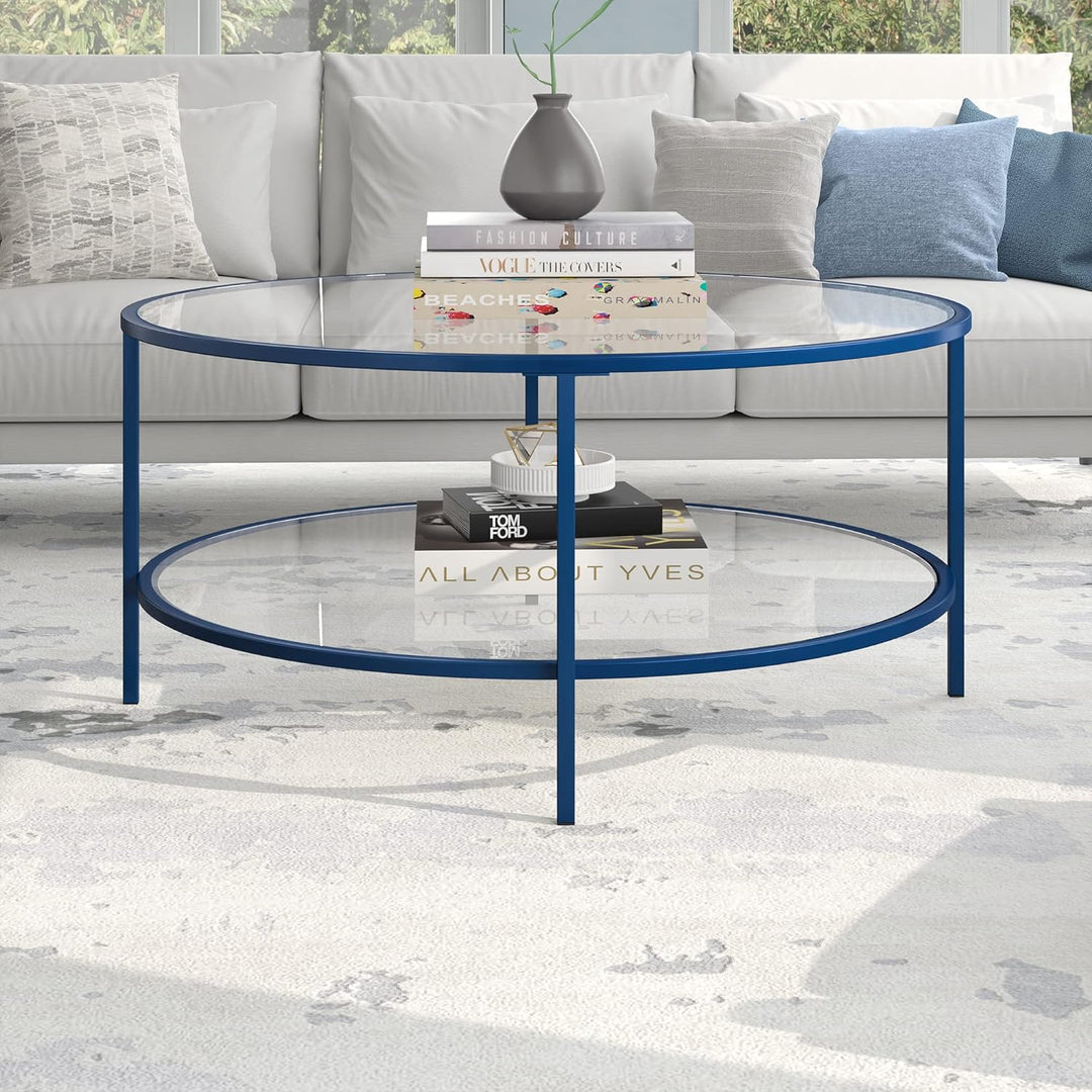 Mykonos Blue Round Coffee Table with Glass Top, Modern Furniture