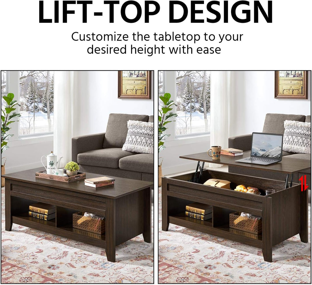 Lift Top Coffee Table with Hidden Storage and Open Shelves, Espresso