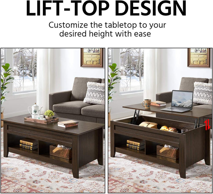 Lift Top Coffee Table with Hidden Storage and Open Shelves, Espresso