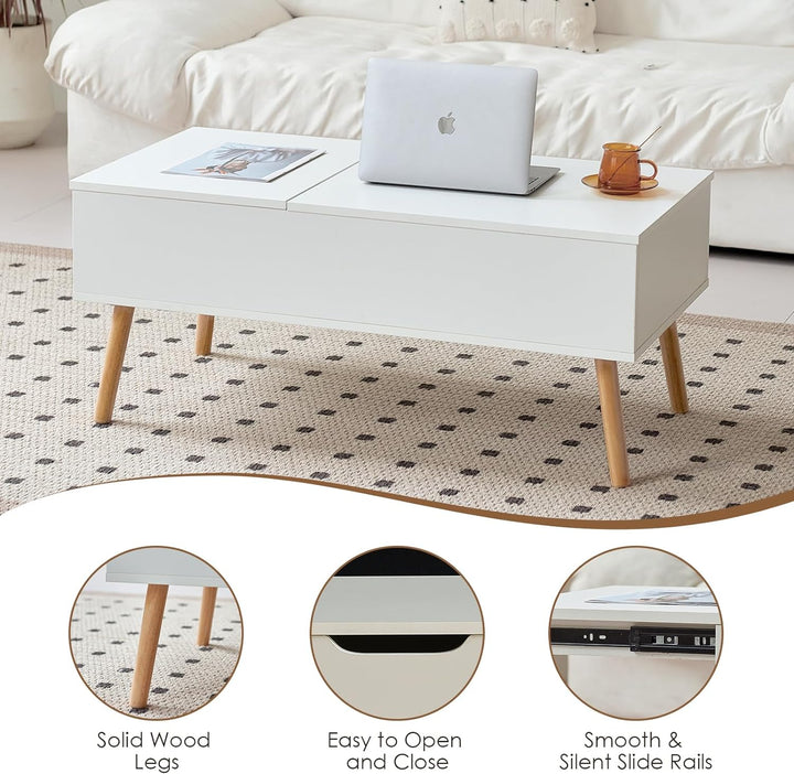 Coffee Table with Hidden Storage Drawer, Modern Lift Top Desk, White