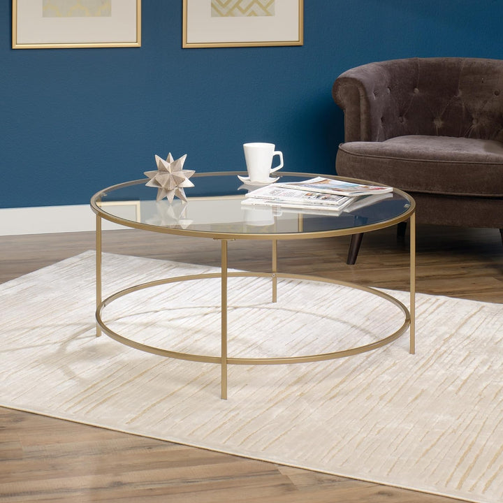 Sauder Round Coffee Table, Glass and Gold Finish