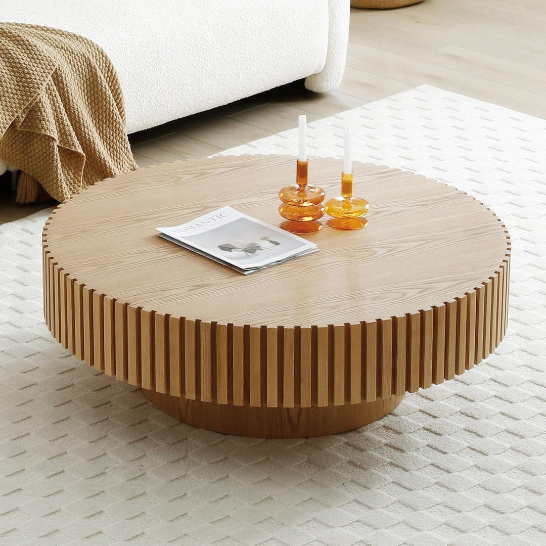 31.49" Round Farmhouse Coffee Table, Circle Drum, Oak, 31.49'' x 13.77''h