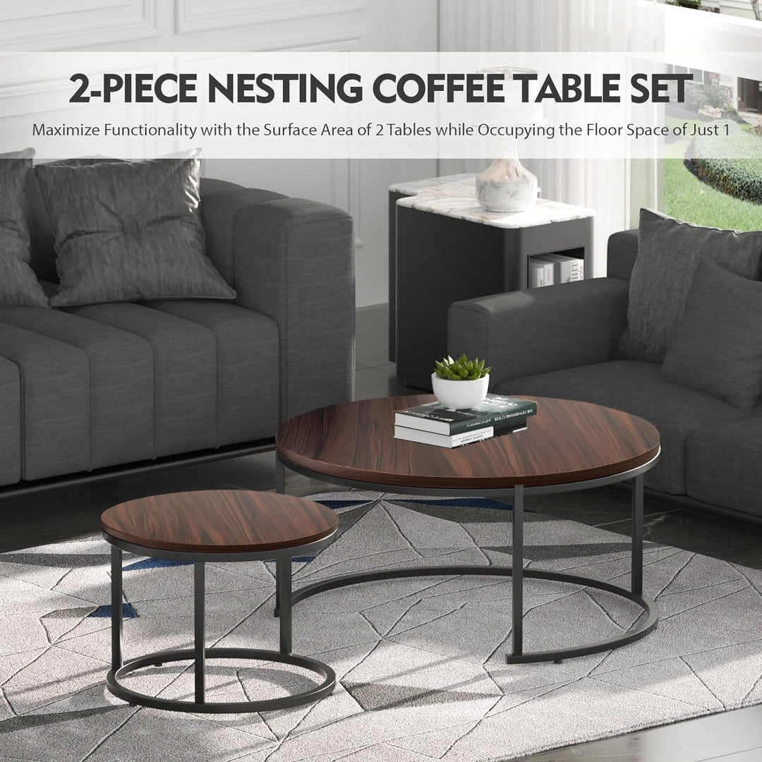 Nesting Tables with Metal Legs, Set of 2 - Circular Side Tables, Rustic Brown